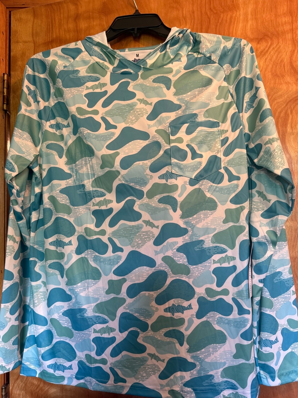 Southern Fin Lightweight Hooded Fishing Shirt Teal & White Abstract Print medium